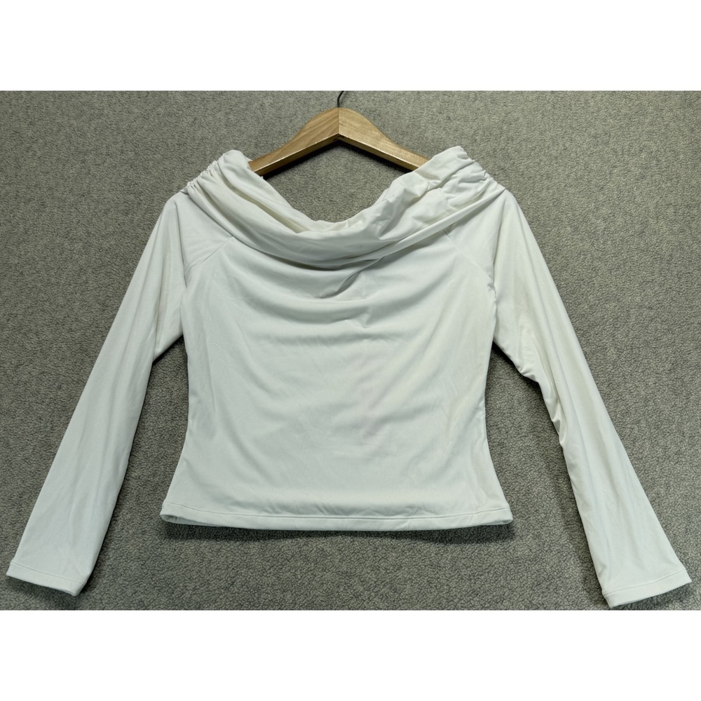 NWT Qinsen Womens Draped Cowl Neck Blouse Top White Long Sleeve Comfort Fit M